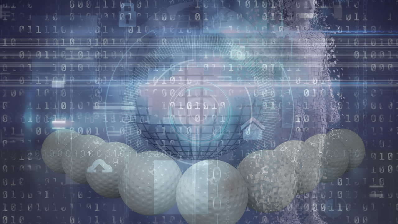 골프 공, 바이너리 코딩 및 파란색 배경에 대한 둥근 스캐너에 대한 장애 효과의 애니메이션