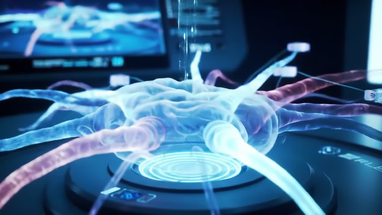 Exploring the Intricacies of Neural Networks: A Striking Visualization of Neuron Structures in a Futuristic Laboratory Setting