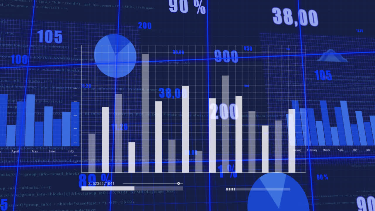 Animation of financial data processing over dark background