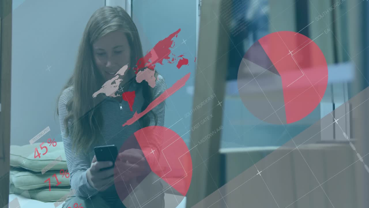 animación de la interfaz infográfica blanca, mujer caucásica sentada en la cama y hablando por teléfono celular