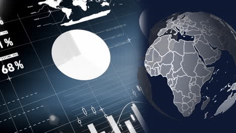 animation of globe and financial data processing on blue background