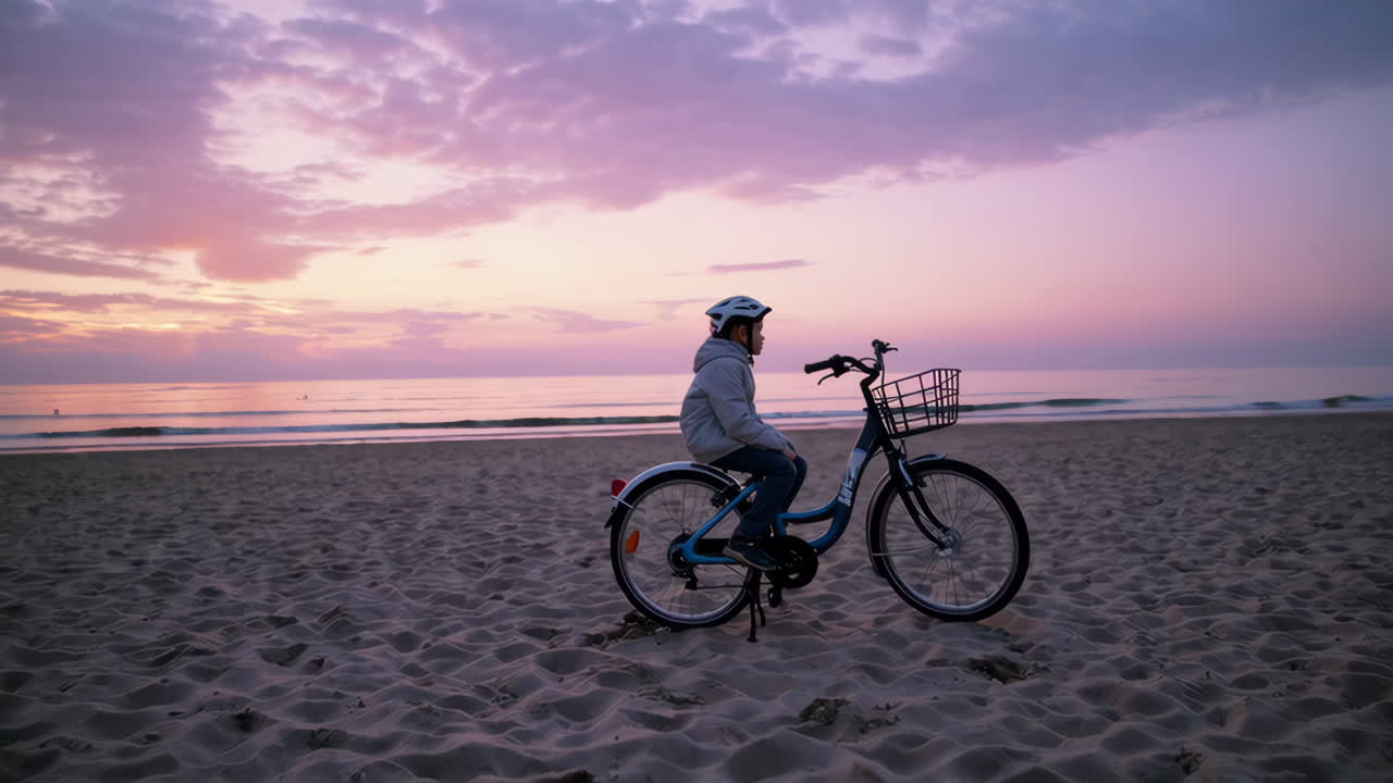 Young Boy with Helmet and Bicycle on a Beach at Sunset