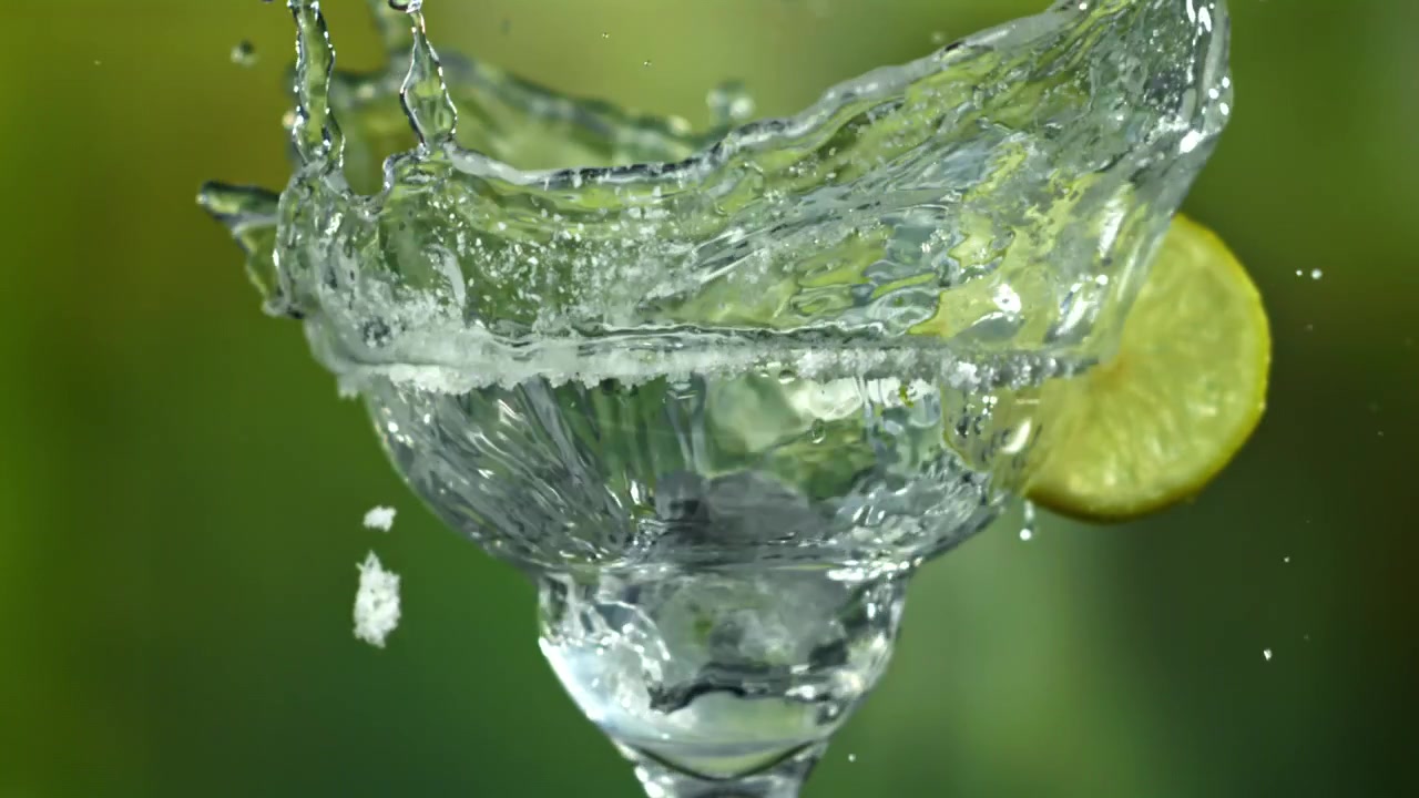 Refreshing Margarita Cocktail with Ice Cube Splashing in Slow Motion