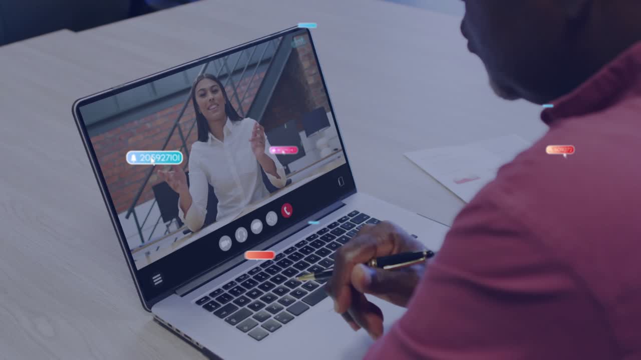 Senior man opening laptop joining business call while woman presenting report with metrics floating