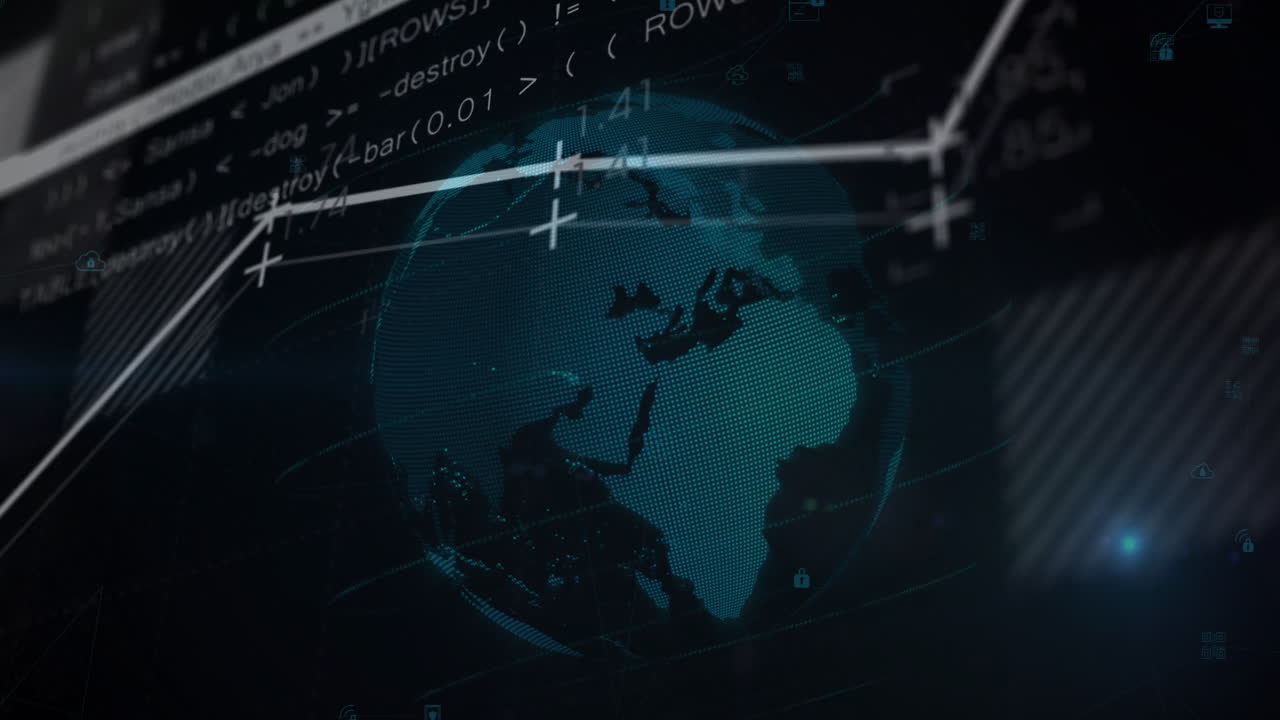 Animation of digital globe with data and graphs overlaying continents in dark theme