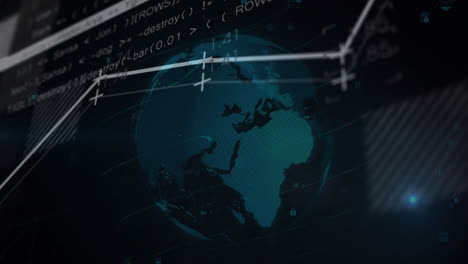 animation of digital globe with data and graphs overlaying continents in dark theme