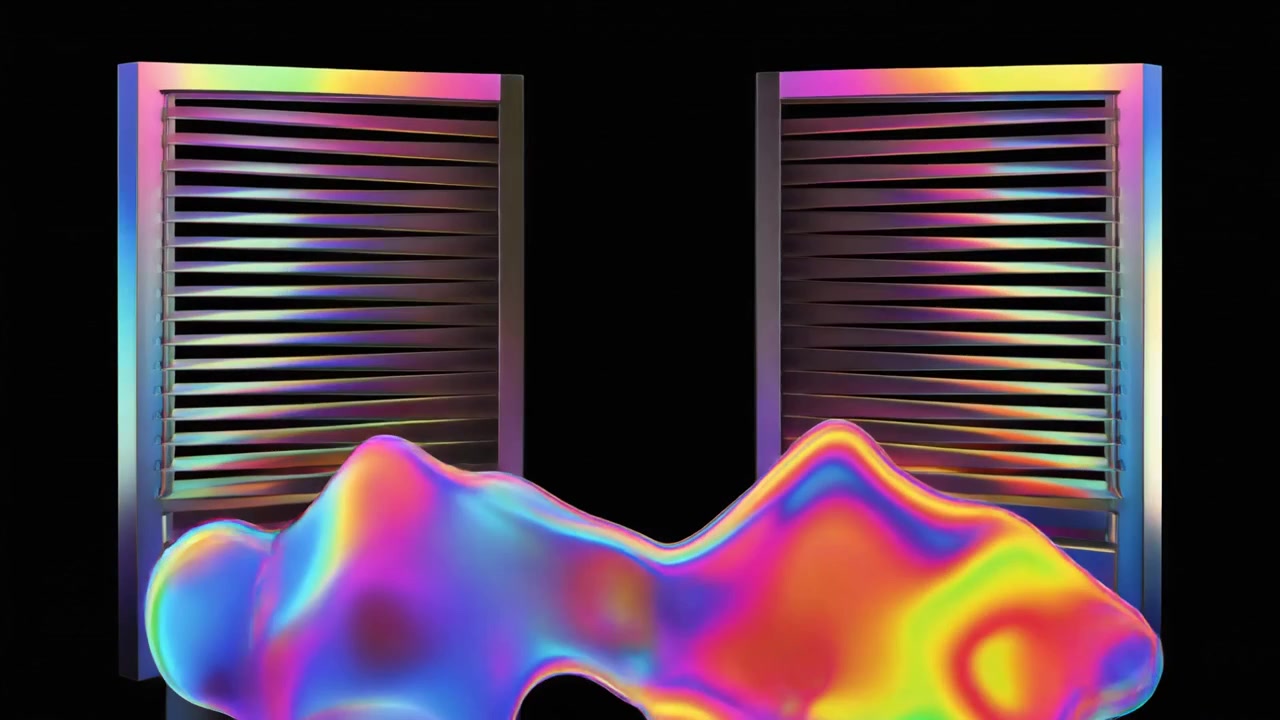 Animazione 3D Astratta di Forma Liquida Iridescente che Sale tra Pannelli Metallici a Lamelle