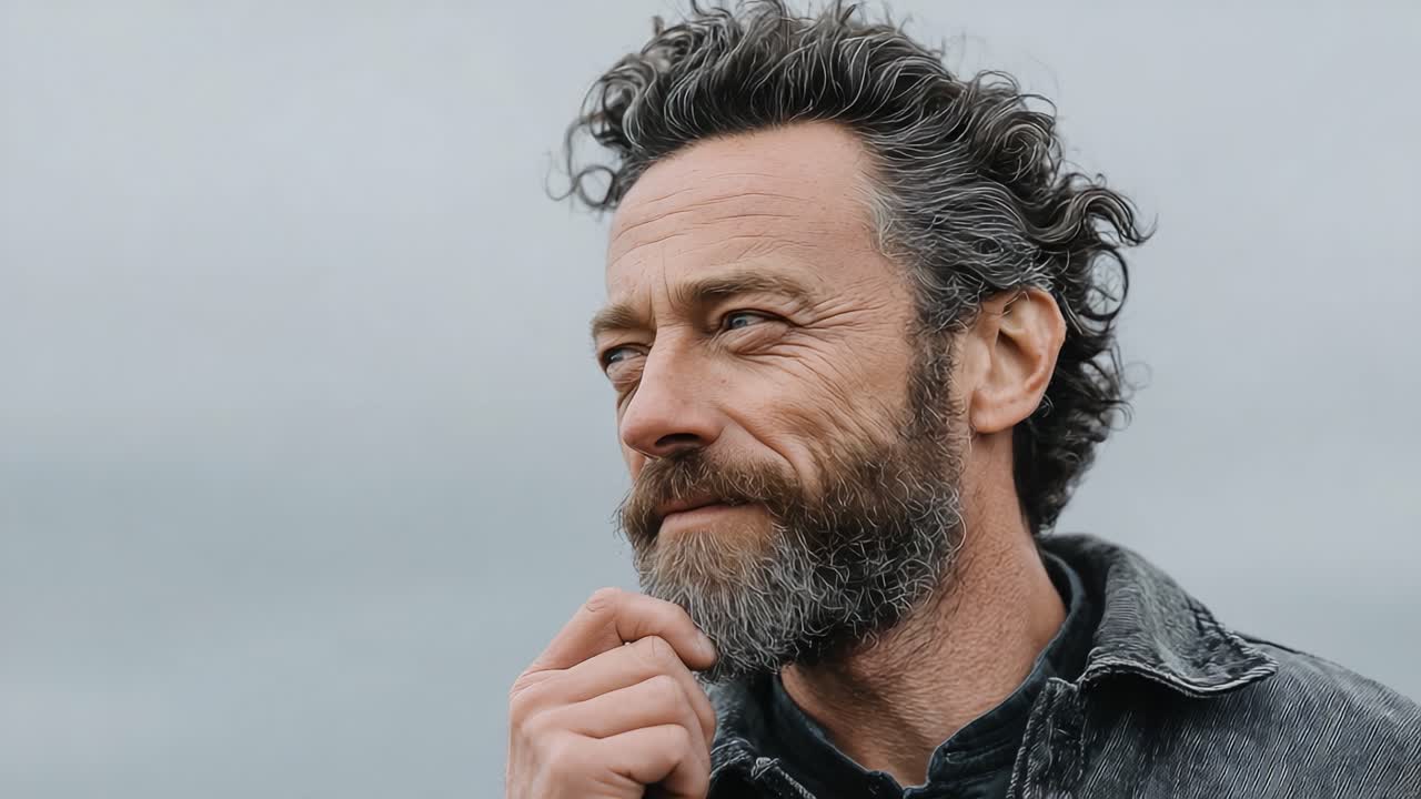 A reflective moment captured in a serene setting, showcasing a man with a thoughtful expression and a charming beard, embodying wisdom and contemplation