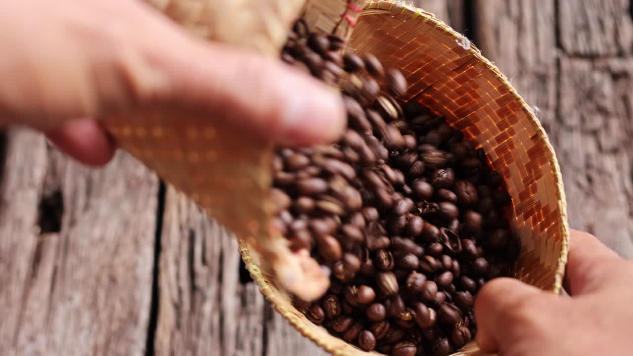 frijoles de café peaberry de pequeño tamaño recogiendo la caída de la canasta de bambú tronco de madera de fondo. enfoque selectivo en primer plano con espacio de copia.