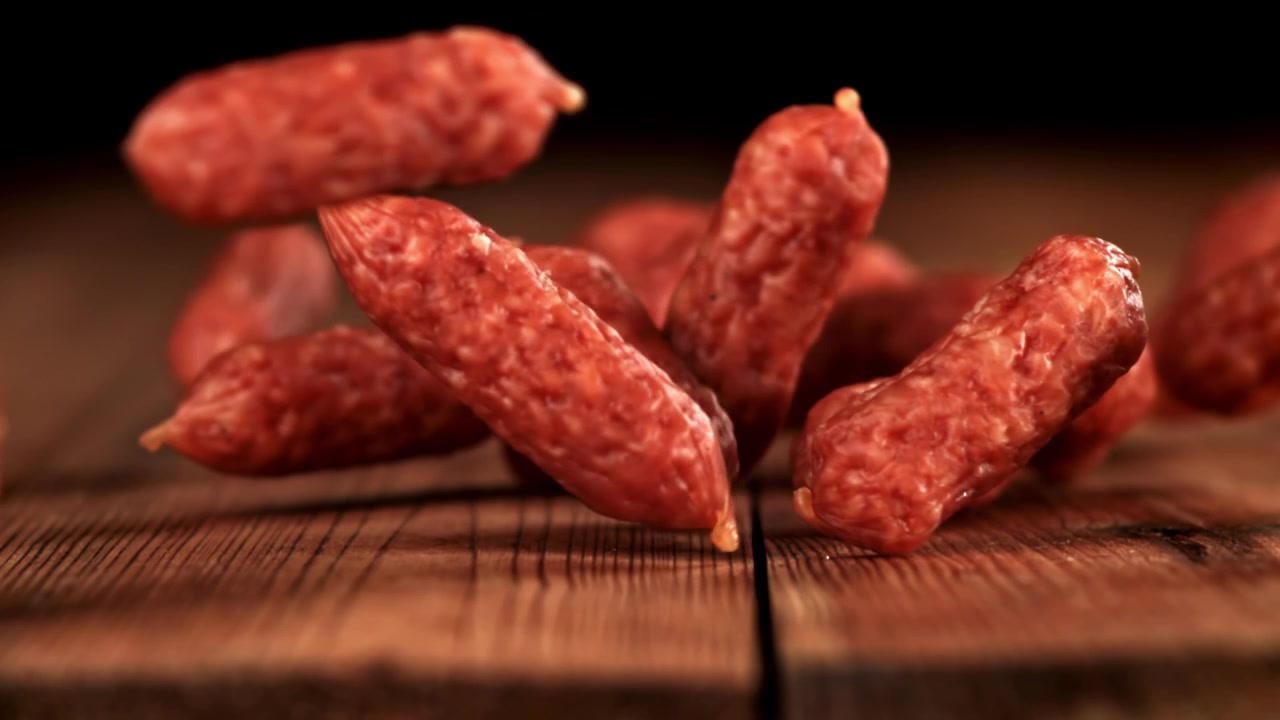 Mini salami che cadono al rallentatore su un tavolo di legno rustico