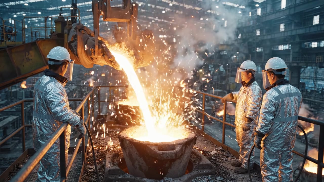 Trabalhadores com equipamento de proteção derramam cuidadosamente metal fundido em um molde de fundição em uma fundição industrial, capturando a essência da excelência na fabricação e dos protocolos de segurança.