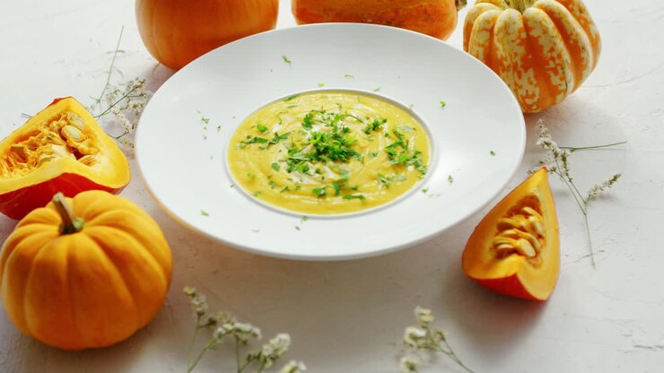 Soup in plate with pumpkins around