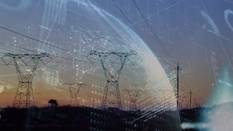 animation of digital screen with data and globe over electricity poles at sunset