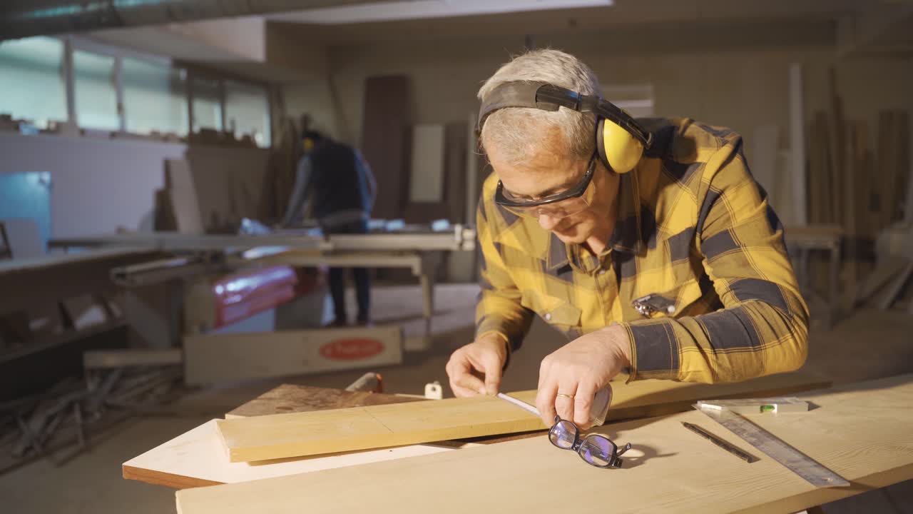 An adult carpenter works in a carpentry shop.