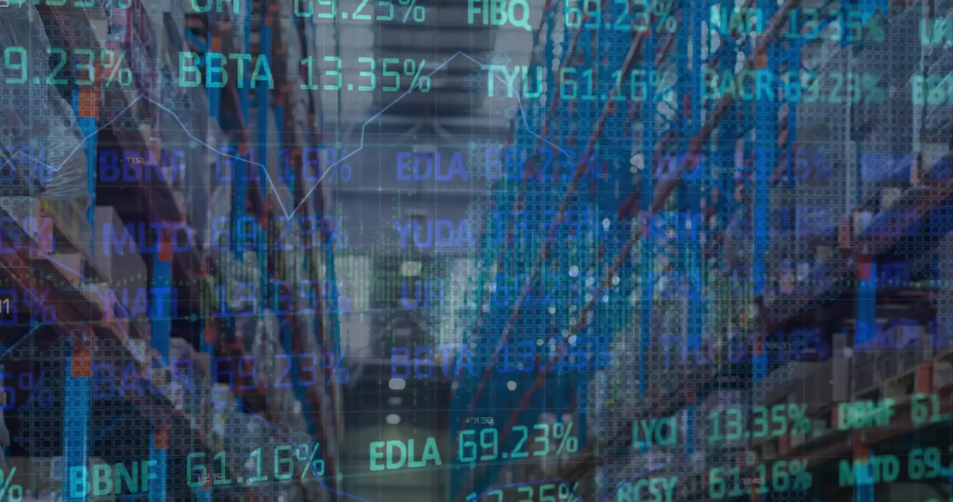 Animation of stock market and financial data processing over empty warehouse