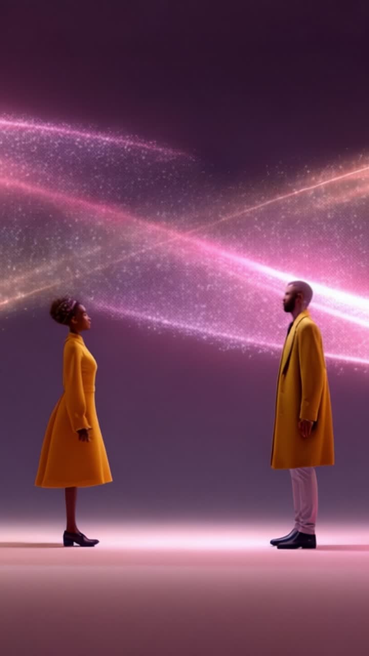 A Captivating Visual Encounter: Two Stylish Individuals in Yellow Coats Stand Opposite Each Other, Surrounded by Ethereal Light Waves and a Dreamy Background