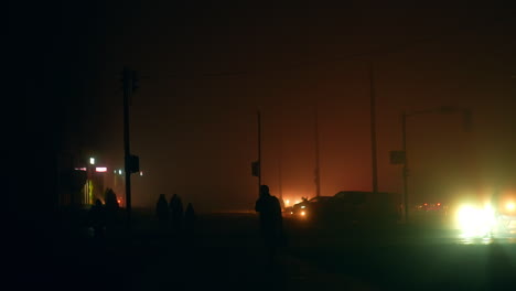 foggy night city street scene
