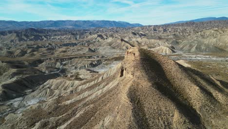 Tabernas-Desert,-Scenic-Nature-Landscape-in-Almeria,-Andalusia,-Spain---Aerial-4k