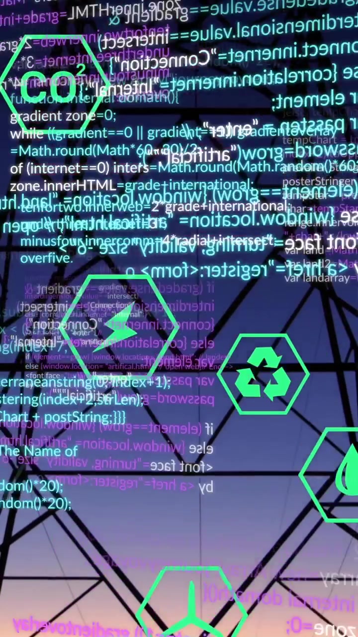 Animation of ecology icons and data processing over electric pylon