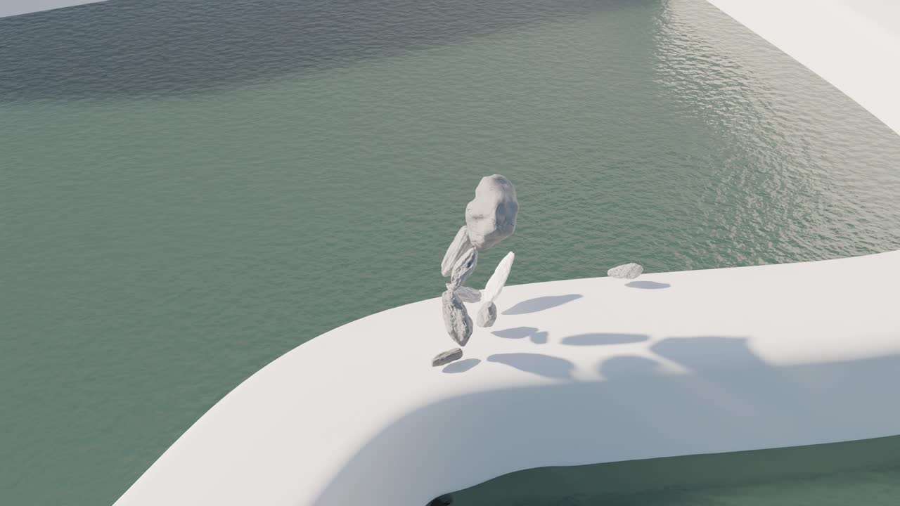 돌과 물을 가진 추상적인 미니멀리즘 장면