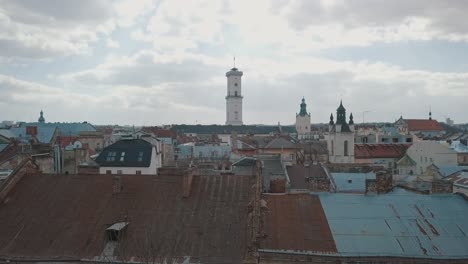 Aerial-City-Lviv,-Ukraine.-European-City.-Popular-areas-of-the-city.-Rooftops