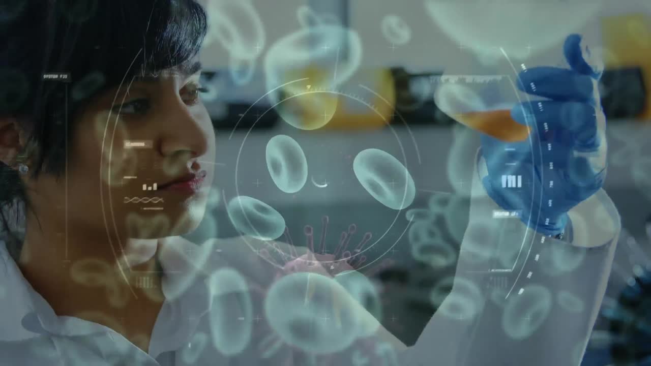 animación de células de coronavirus sobre una mujer en el laboratorio