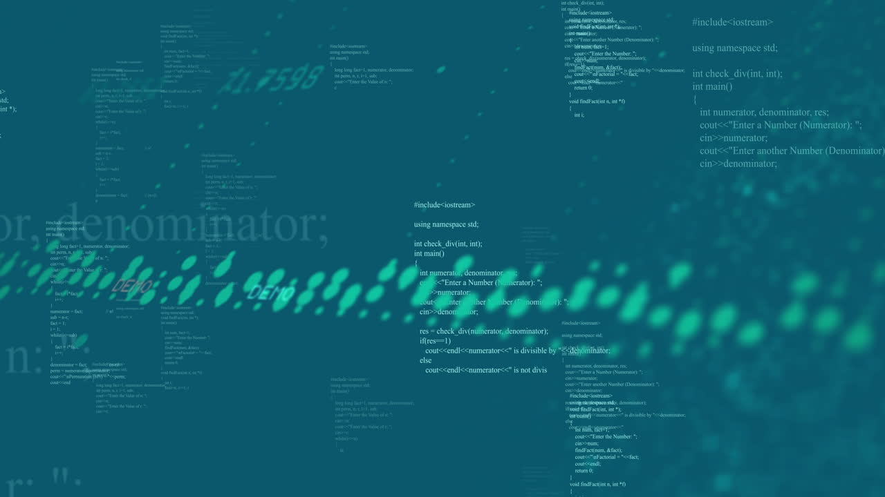 Computer code and binary data processing animation over teal background