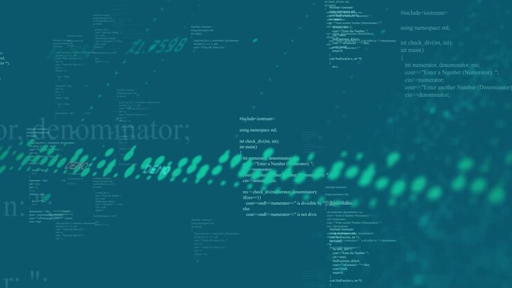 Animation von Computercode und binärer Datenverarbeitung über türkisfarbenem Hintergrund