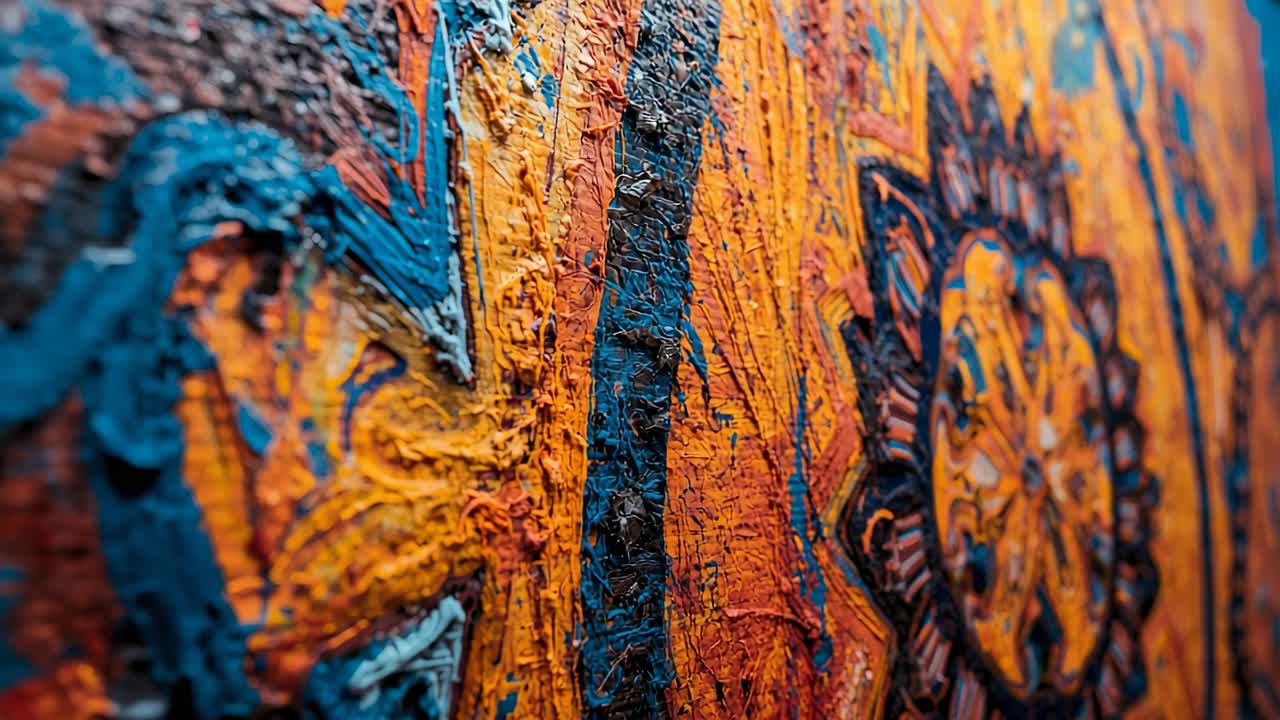 Postfocus panning camera right over impasto canvas in studio showing blue highlights, floral motif