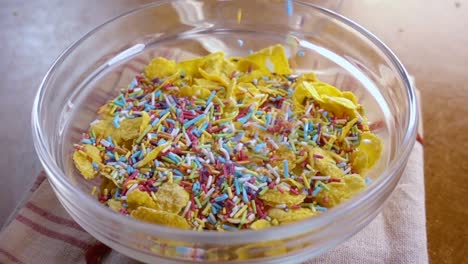 flocos de maíz amarillos crujientes en el cuenco para la mañana un delicioso desayuno con leche. cámara lenta con toma de seguimiento de rotación.
