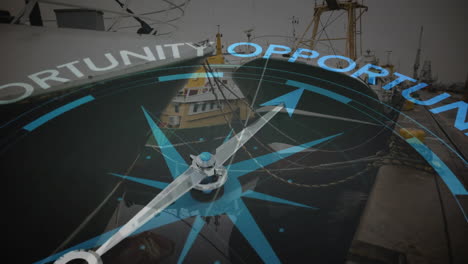 animation of compass spinning and opportunity text over shipyard