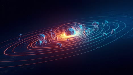 a stunning visualization of cosmic structures featuring an orbital pattern radiating energy and colorful lines illustrating celestial dynamics in a digital universe