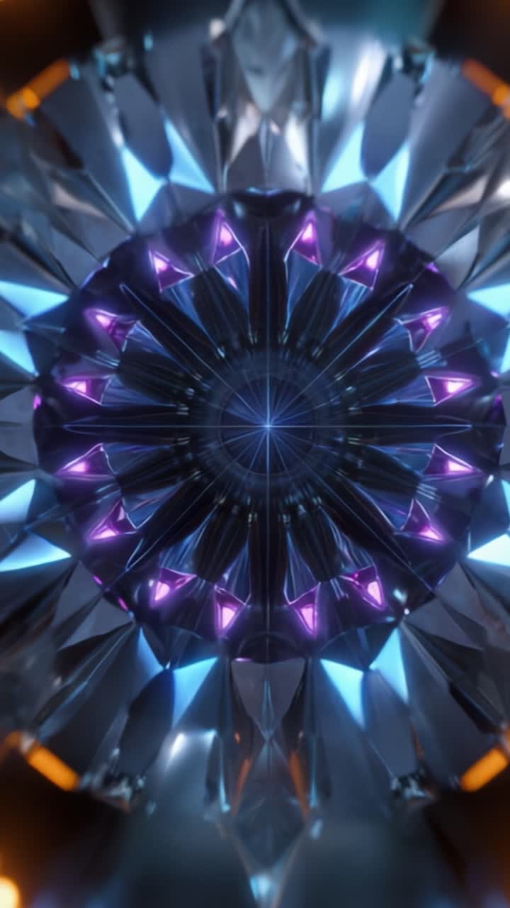 A Stunning Close-Up of a Symmetrical Crystal Pattern Illuminated by Vibrant Blue and Purple Lights, Showcasing Intricate Geometric Formations