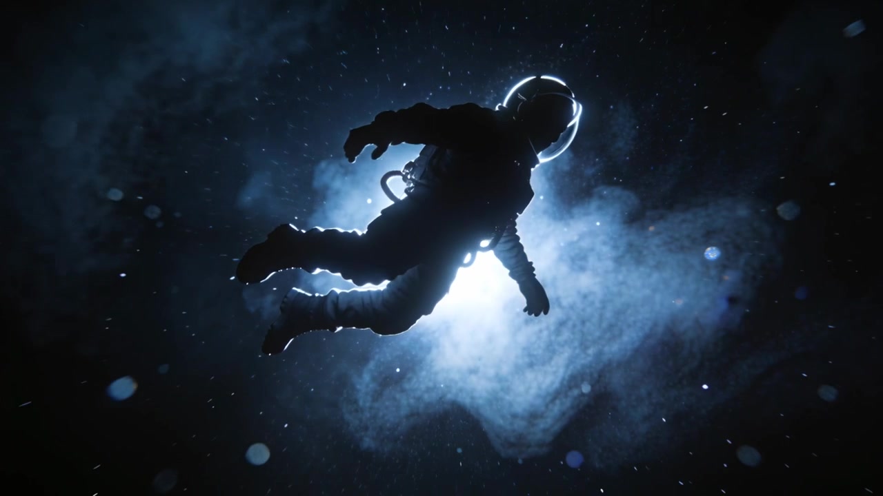 Astronauta che fluttua in tuta EVA, retroilluminato, che ruota e si sposta nello spazio, casco illuminato sul bordo, PLSS.