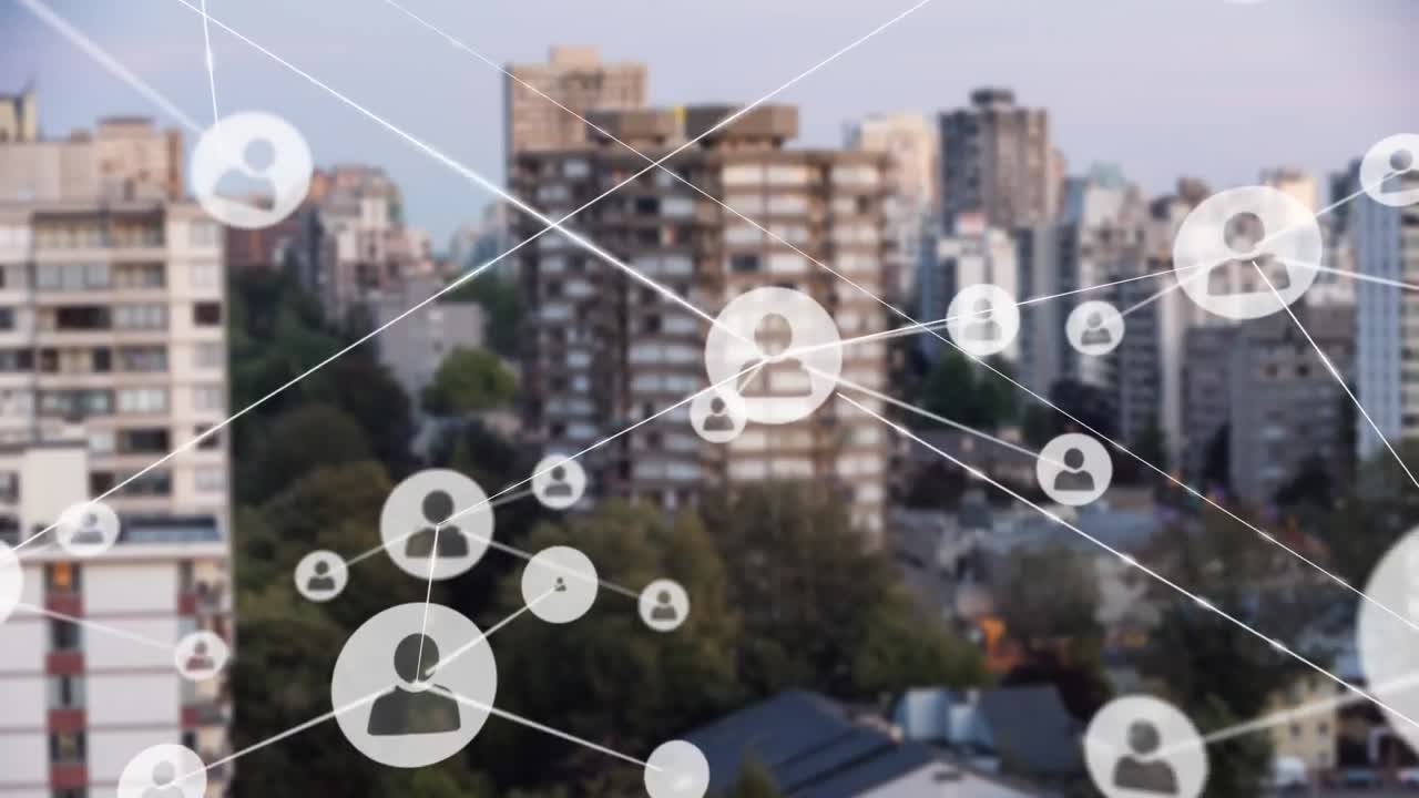 도시 풍경 위의 사람 아이콘과의 연결 네트워크의 애니메이션