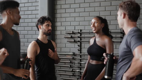 conversación en grupo de fitness en el gimnasio