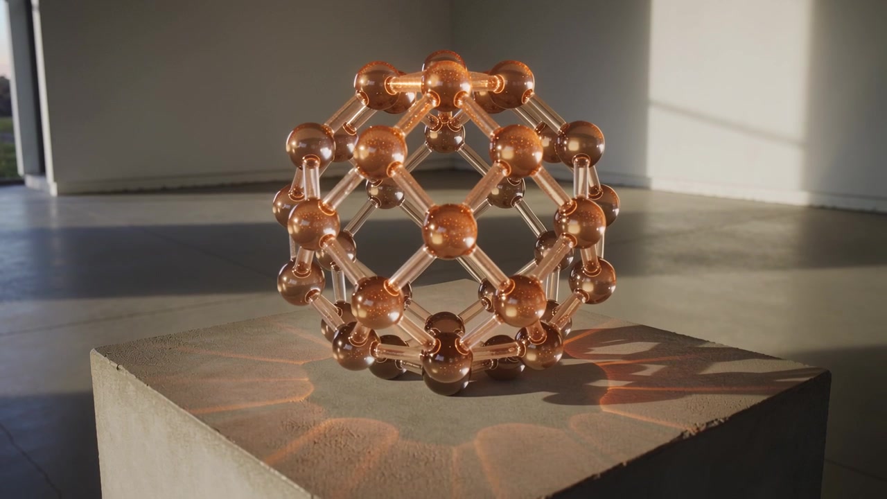Shifting lattice orb showing copper and cool tones on gallery base as left sun casting caustic