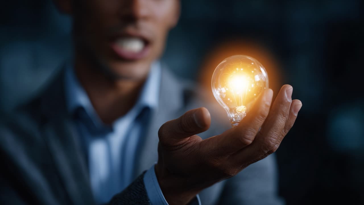 A Man Holding a Glowing Light Bulb Symbolizing Innovation, Ideas, and Creativity in a Dark Room, Capturing the Essence of Inspiration and Thought Leadership