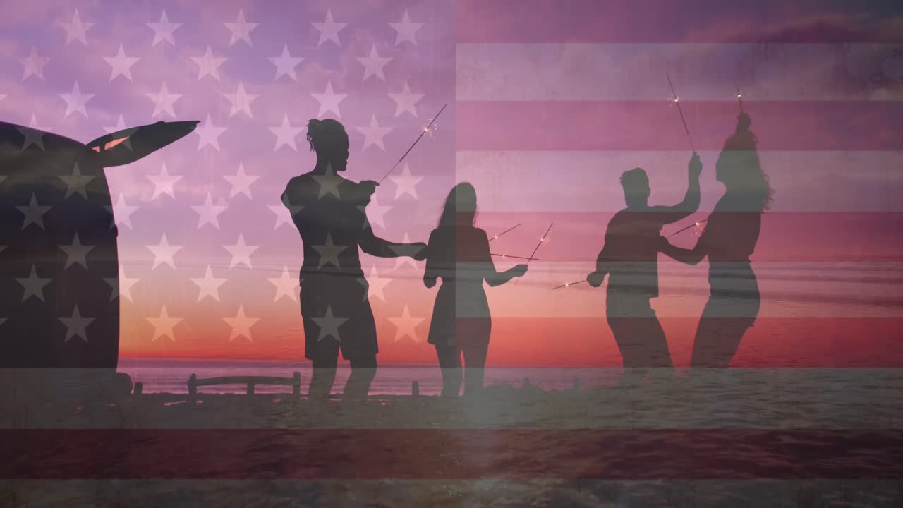 다양한 사람들 위에 있는 미국 발과 풍경의 애니메이션