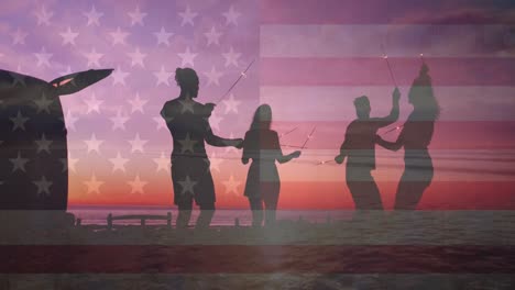 Animation-Der-Flagge-Der-USA-Und-Der-Landschaft-über-Verschiedene-Menschen