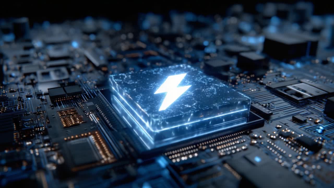 Illuminated Microchip Technology: A Glimpse into Modern Electronics with Dynamic Power Symbols Highlighting Advanced Circuitry and Future Innovations