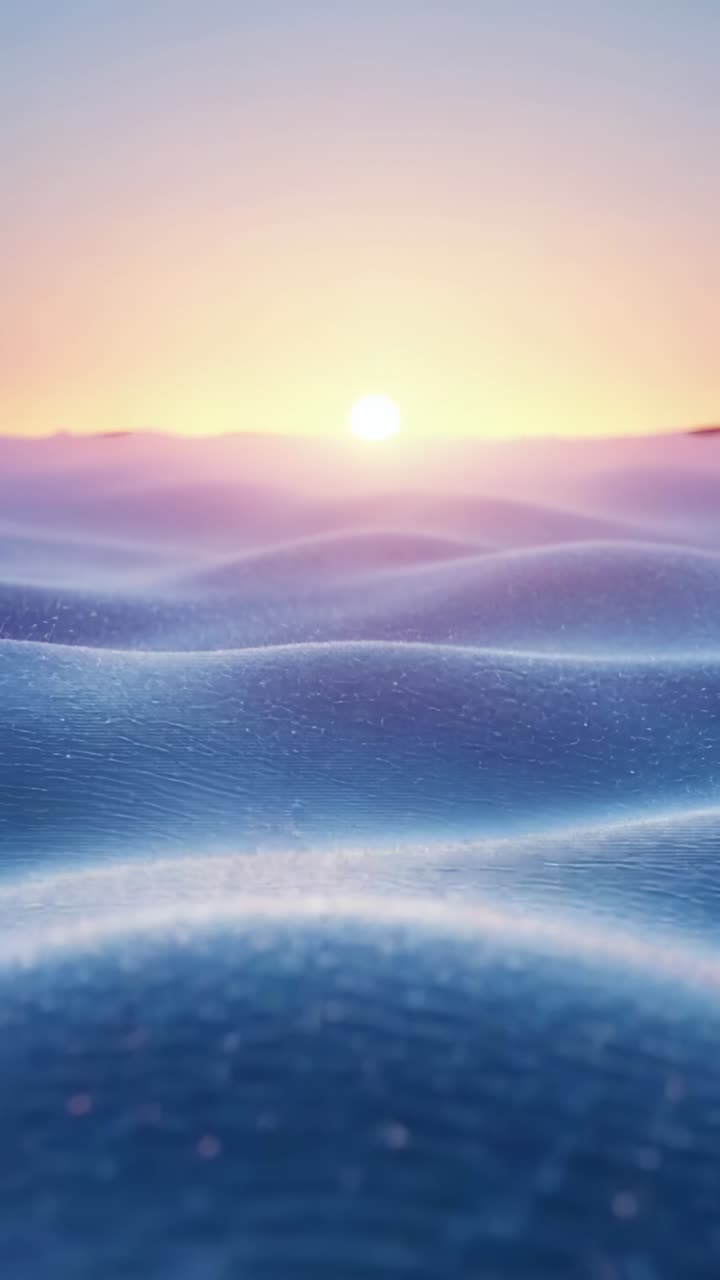 Vertical video: Showing lit dunes shading blue-pink horizon, sun rising, mesh lines motes drifting
