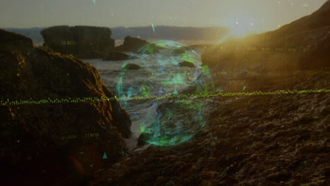 Holographic globe hovering over rocky shore at sunset showing floating data points and dotted lines