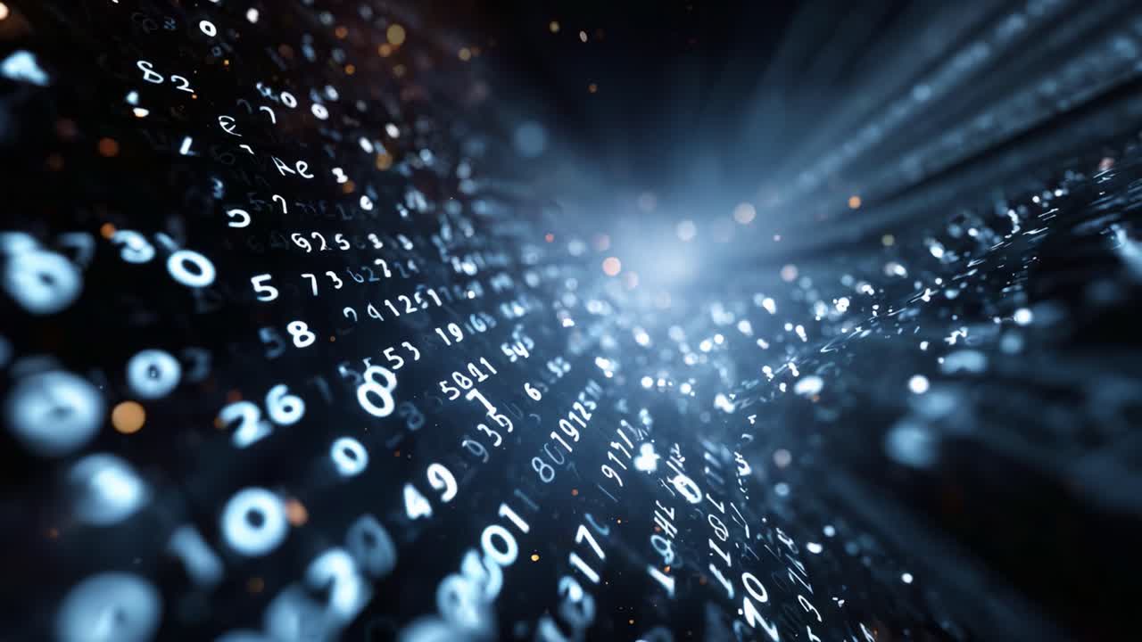 Streaks of Glowing Numeric Sequences Emerge from a Dark Background, Creating a Sense of Depth and Motion in a Futuristic Digital Landscape of Binary Data