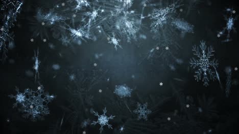 Animation-of-snowflakes-falling-over-dark-blue-background