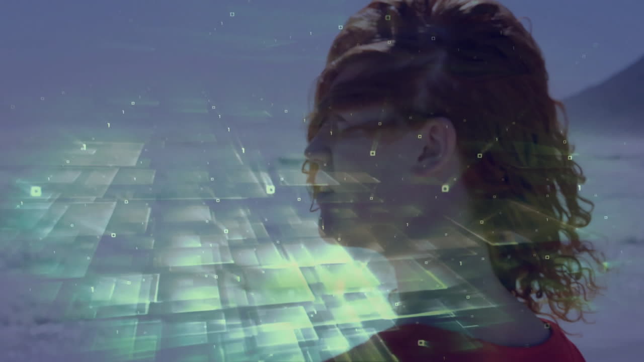 In school, person using animation with digital data overlay, futuristic concept