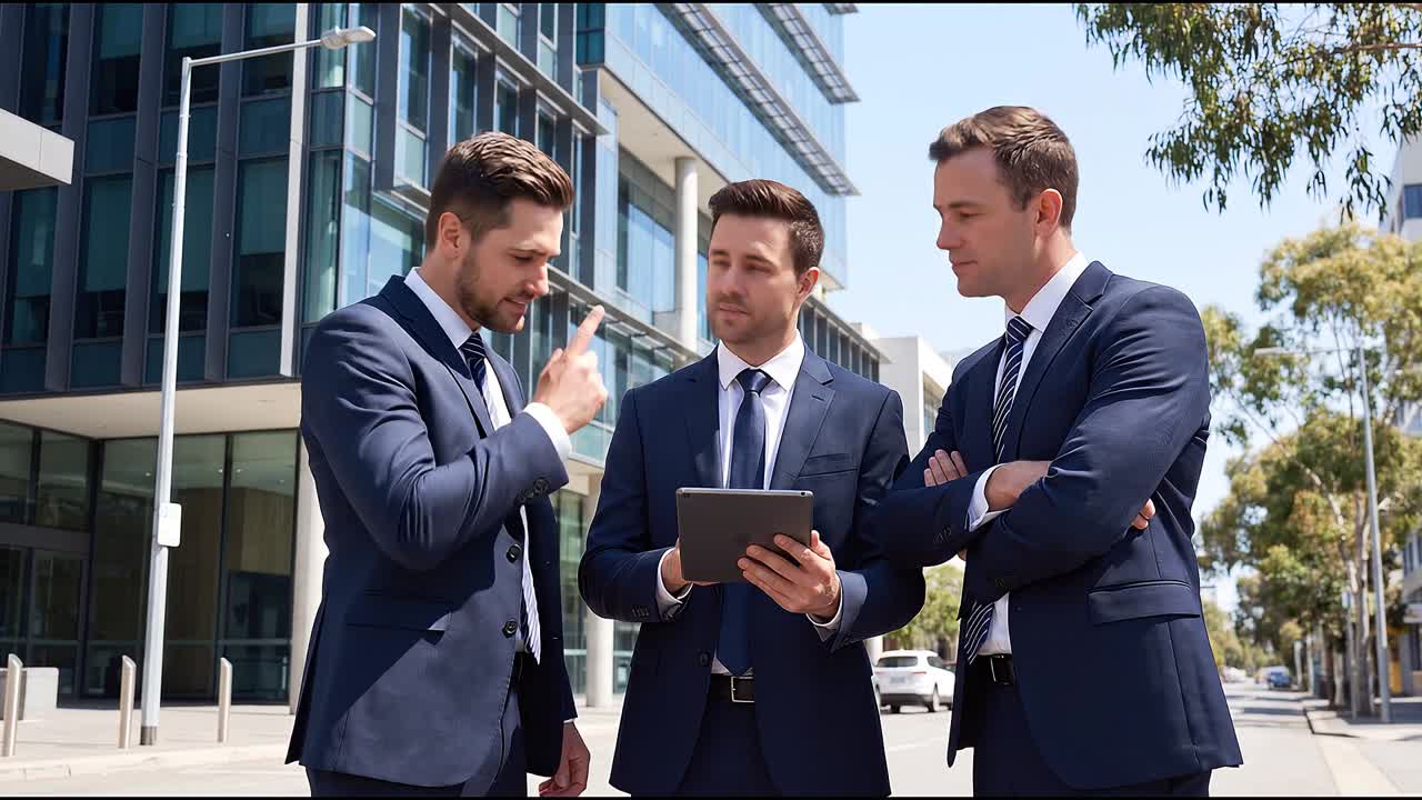 Tres empresarios discutiendo información en una tableta al aire libre
