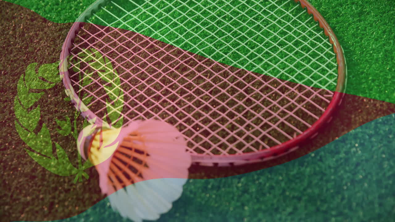 Badminton racket slanting across court with shuttlecock resting under translucent colored bands