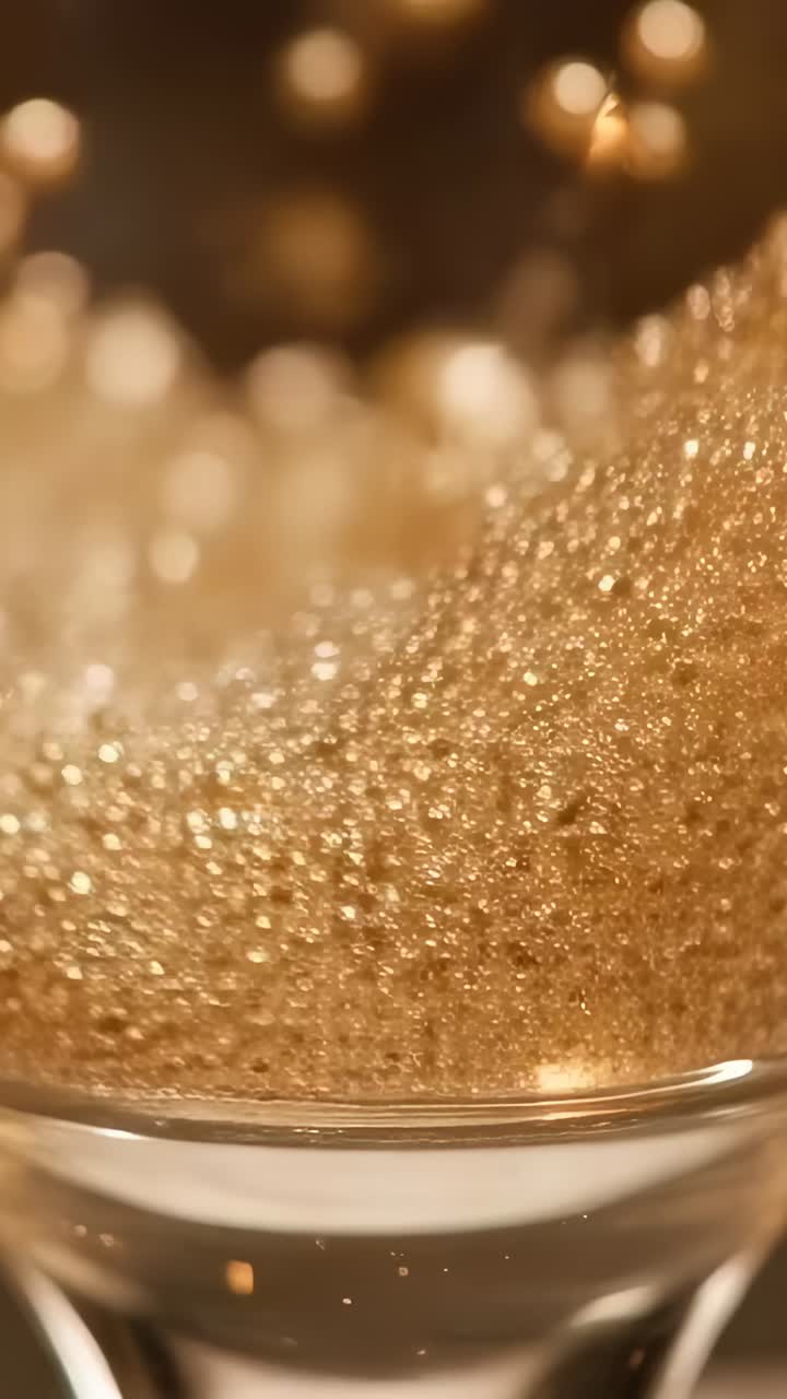 Video verticale: formazione di bolle alla base di un vetro da gas che salgono in un liquido dorato su un tavolo, luce