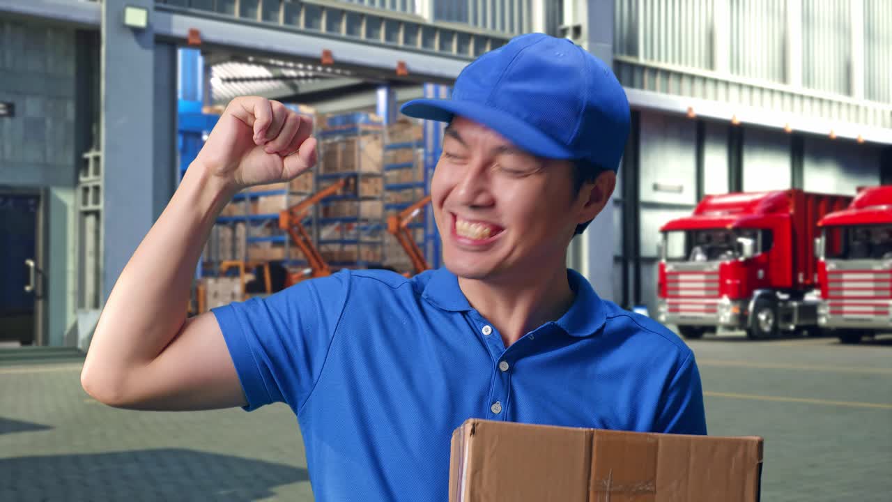 Close Up Of Asian male Courier In Blue Uniform Smile And Flex Muscle While Delivering A Carton, Outside of Logistics Distributions Warehouse